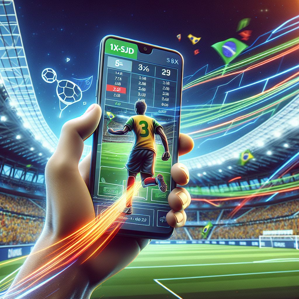 1X-SJD themed cartoon bettor with a phone showing live odds and a football backdrop