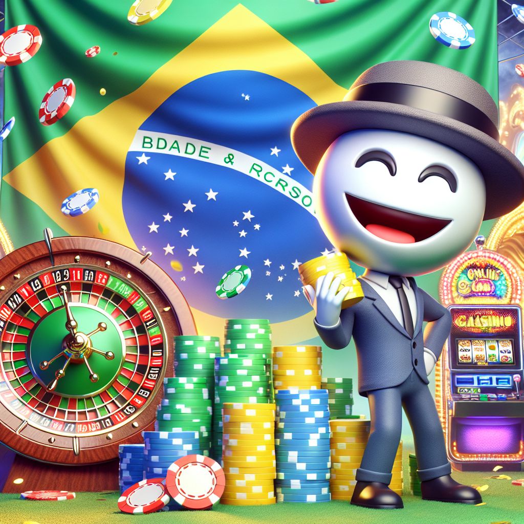 Personagem de desenho animado do 1X-SJD Casino com fichas e uma roleta em uma cena de cassino com tema do Brasil