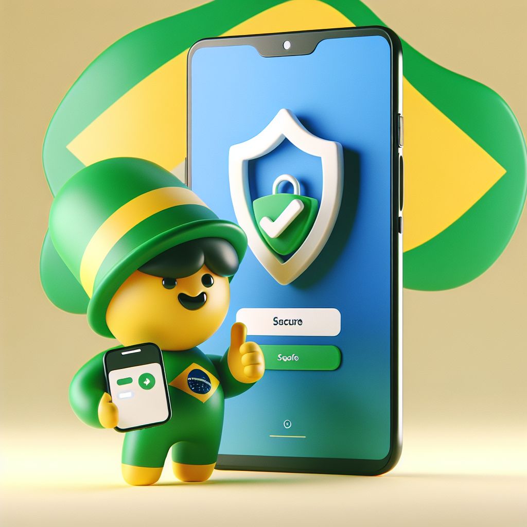 Personagem de desenho segurando um telefone com tela de login seguro e cores temáticas do Brasil