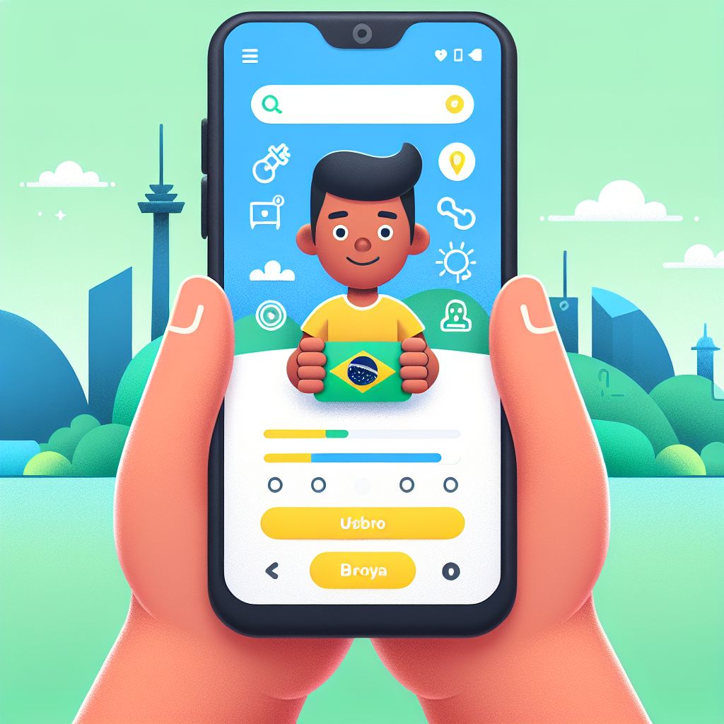 Cartoon character using a smartphone with 1X-SJD app interface elements and Brazilian city vibe